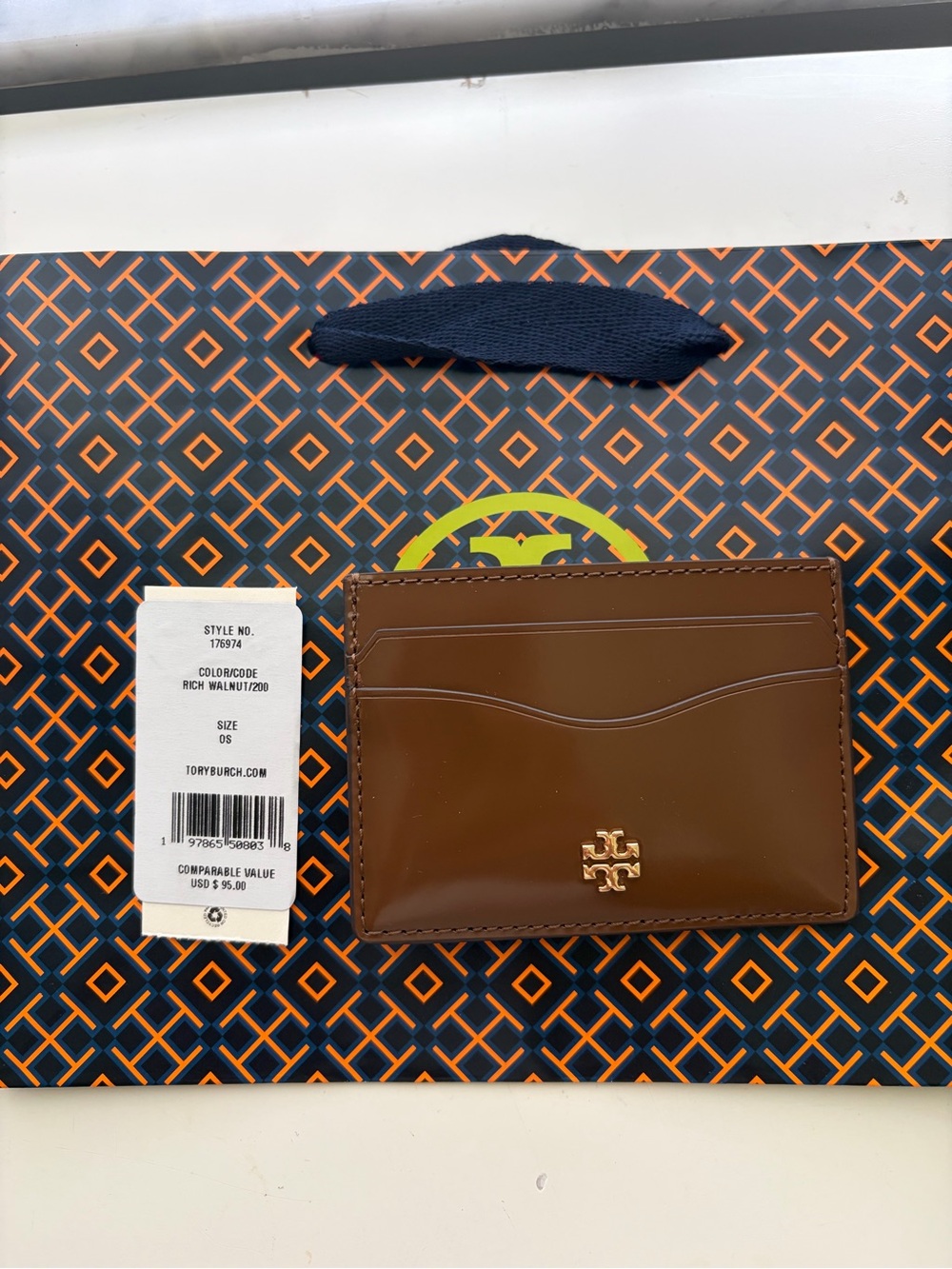 Tory Burch Walnut Brown Leather Card Case with Gold Logo
